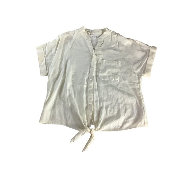 Charter Club Women’s White Linen Button Front Tie Hem Shirt Size M Collarless - Picture 15 of 16